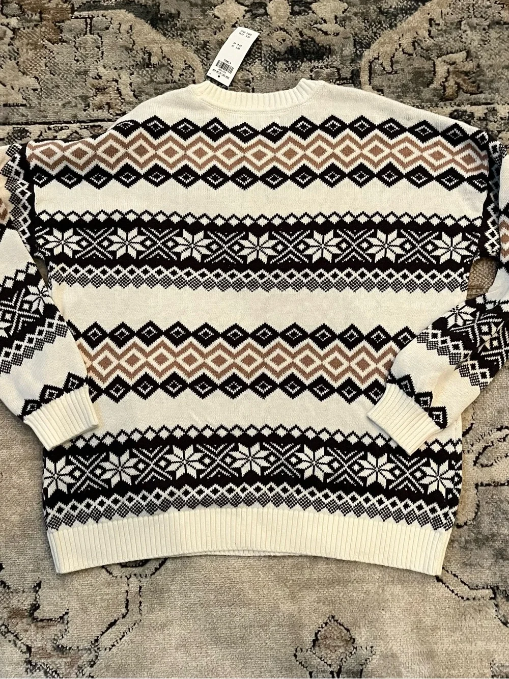Hollister Cream Crewneck Sweater with Black and Tan Fair Isle